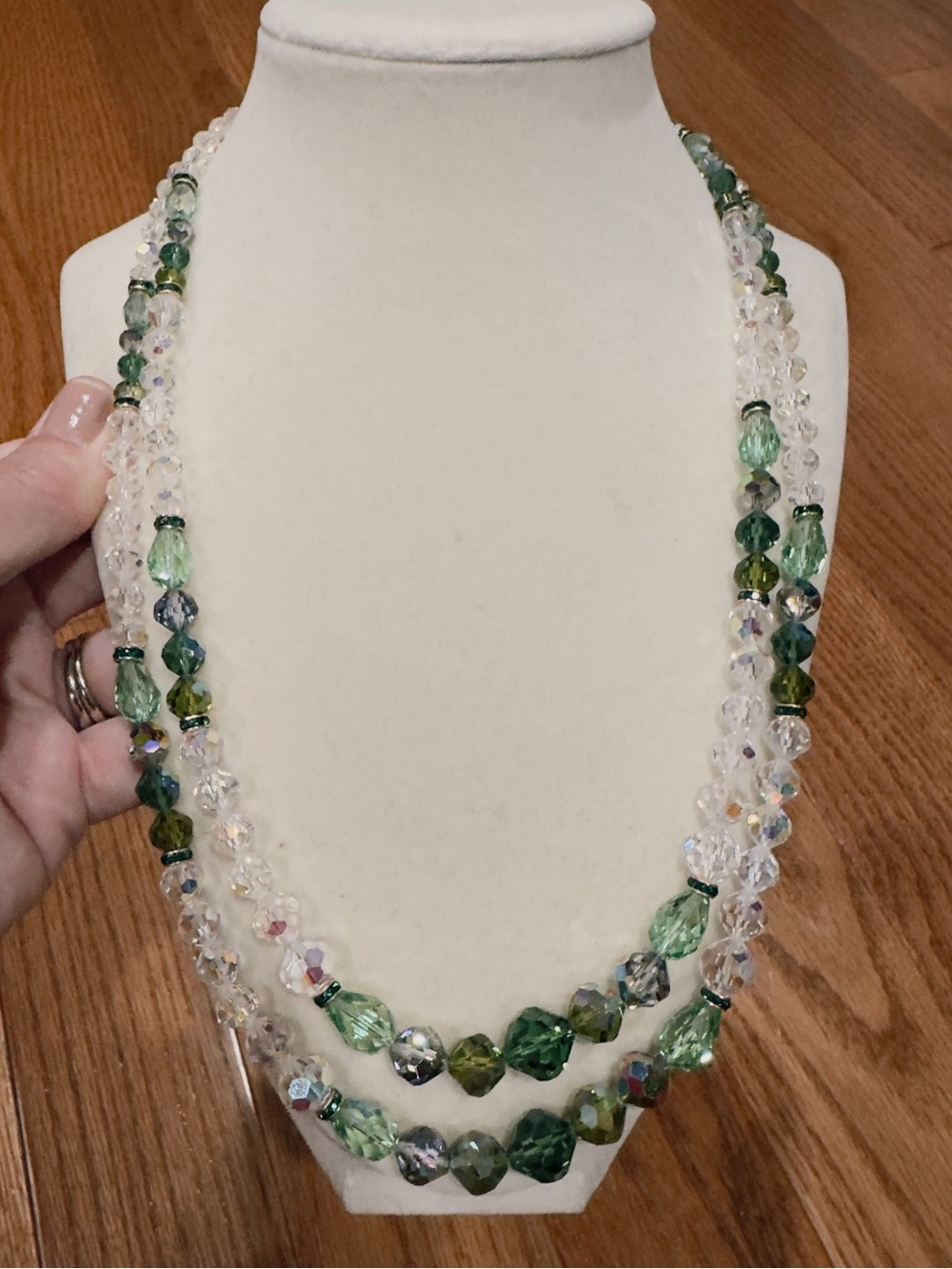 Vtg Vendome Signed Green Clear Crystal Glass AB Beaded Double‎ Strand Necklace